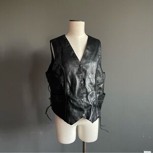 IK Leather Black Lace Up Vest | Genuine Leather Biker Western Layer